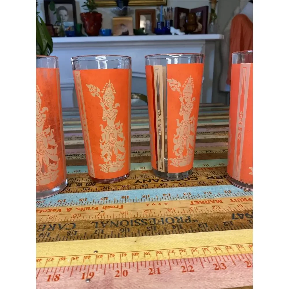 Thai Goddess High Ball Glass Mid Century Modern Retro Bar Set of 5 Asian MCM Red